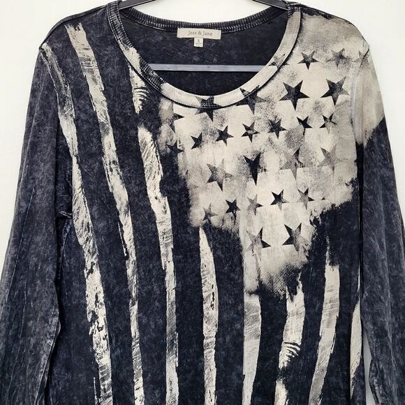 Jess & Jane American Flag Acid Wash Fringe Long Sleeve Top Size Small - Picture 2 of 8